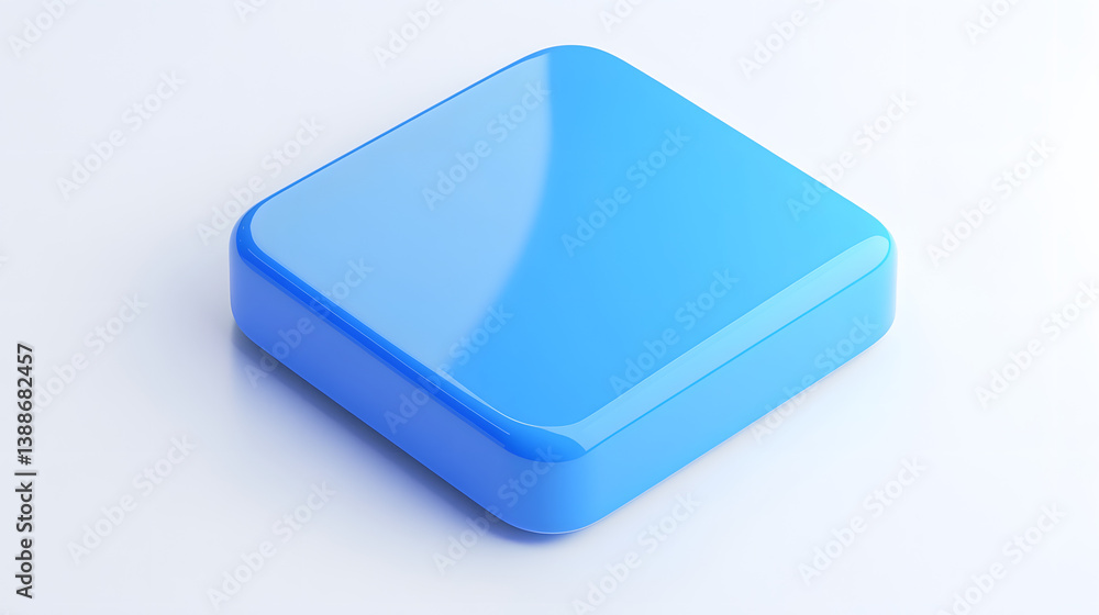 Poster blank mobile application icon, button - blue square with round corners. 3d rendering, white backgrou