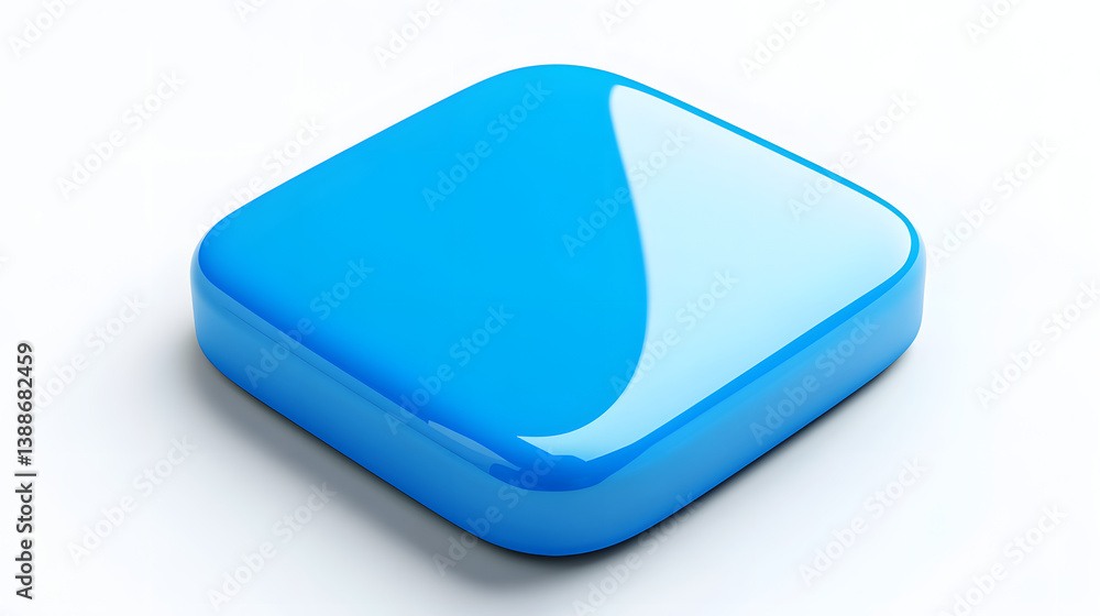Poster blank mobile application icon, button - blue square with round corners. 3d rendering, white backgrou