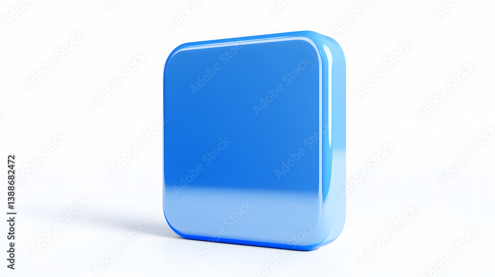 Poster blank mobile application icon, button - blue square with round corners. 3d rendering, white backgrou
