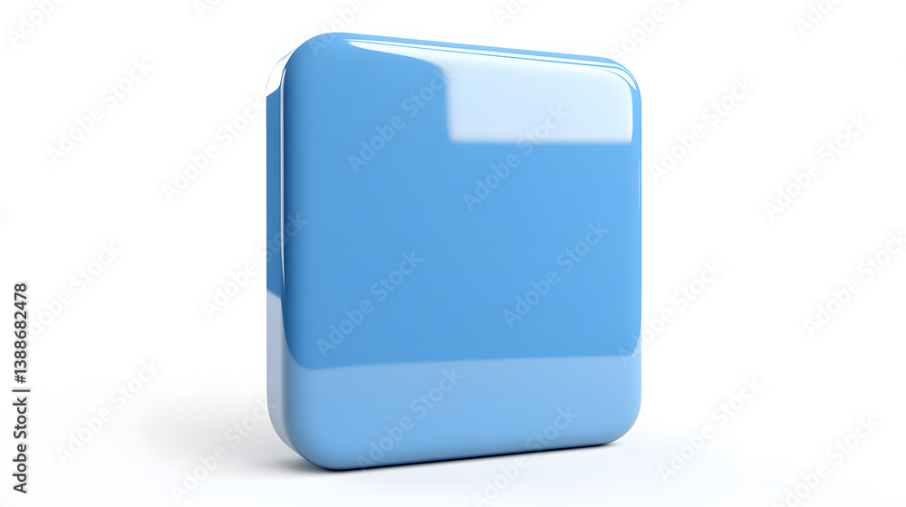 Poster blank mobile application icon, button - blue square with round corners. 3d rendering, white backgrou