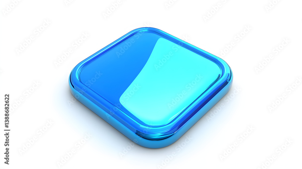 Poster blank mobile application icon, button - blue square with round corners. 3d rendering, white backgrou