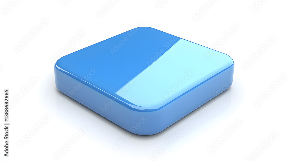 Poster blank mobile application icon, button - blue square with round corners. 3d rendering, white backgrou