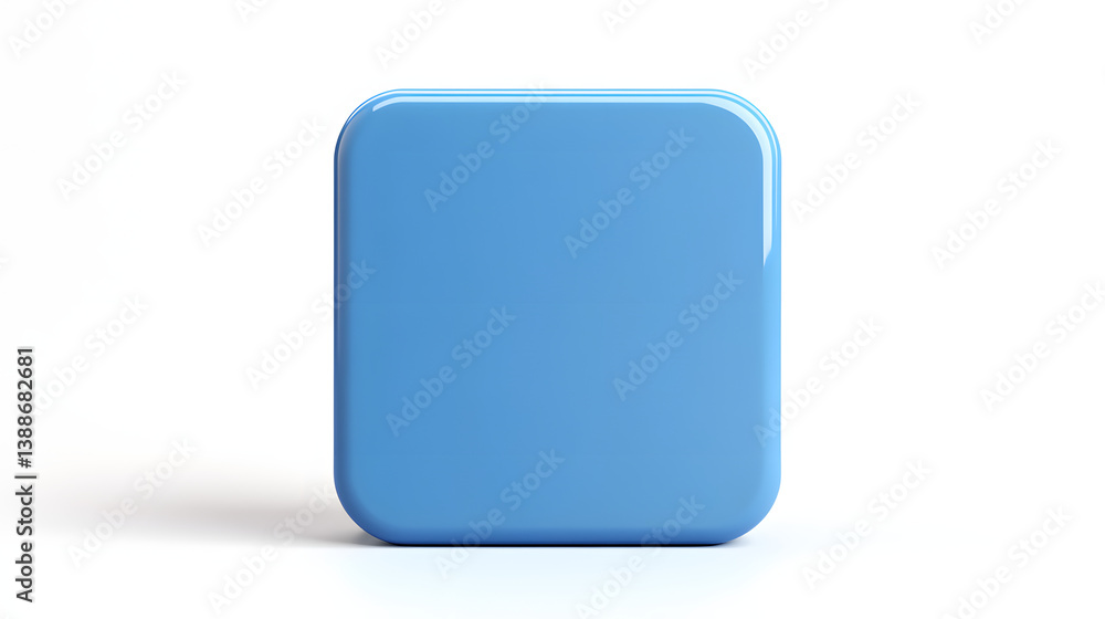 Poster blank mobile application icon, button - blue square with round corners. 3d rendering, white backgrou