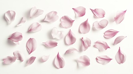 A collection of soft pink petals, gracefully scattered across a pristine surface, evokes a sense of serenity, purity, and the ephemeral beauty of nature's floral embrace.