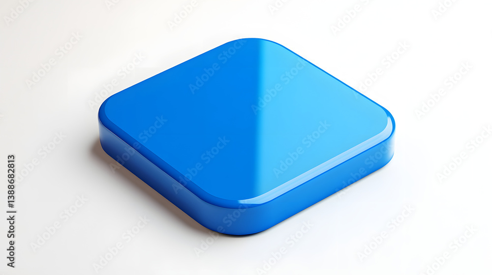 Poster blank mobile application icon, button - blue square with round corners. 3d rendering, white backgrou