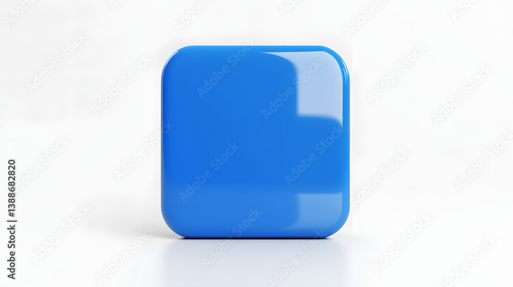 Poster blank mobile application icon, button - blue square with round corners. 3d rendering, white backgrou