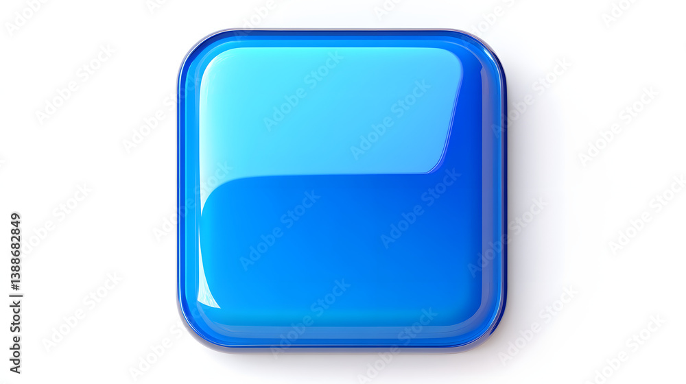 Poster blank mobile application icon, button - blue square with round corners. 3d rendering, white backgrou