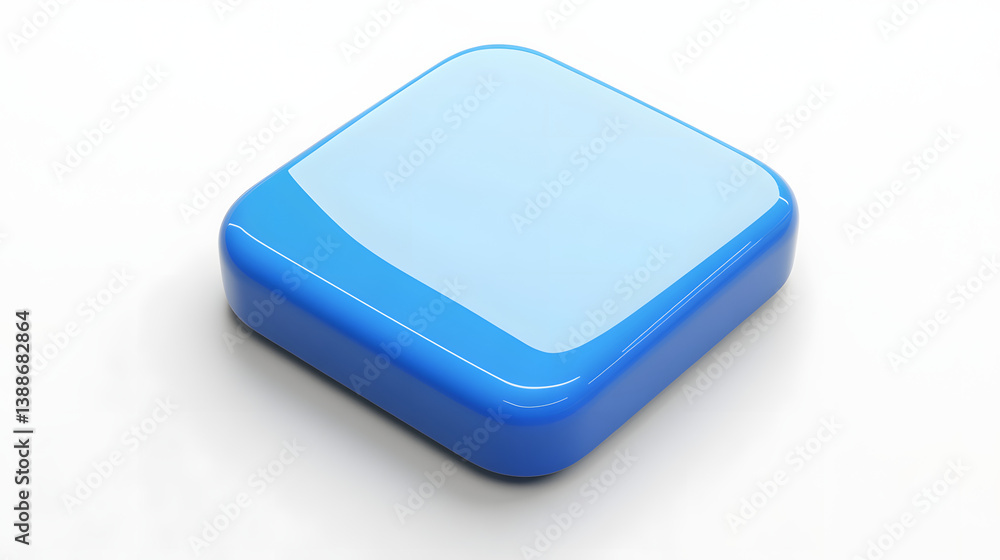 Poster blank mobile application icon, button - blue square with round corners. 3d rendering, white backgrou