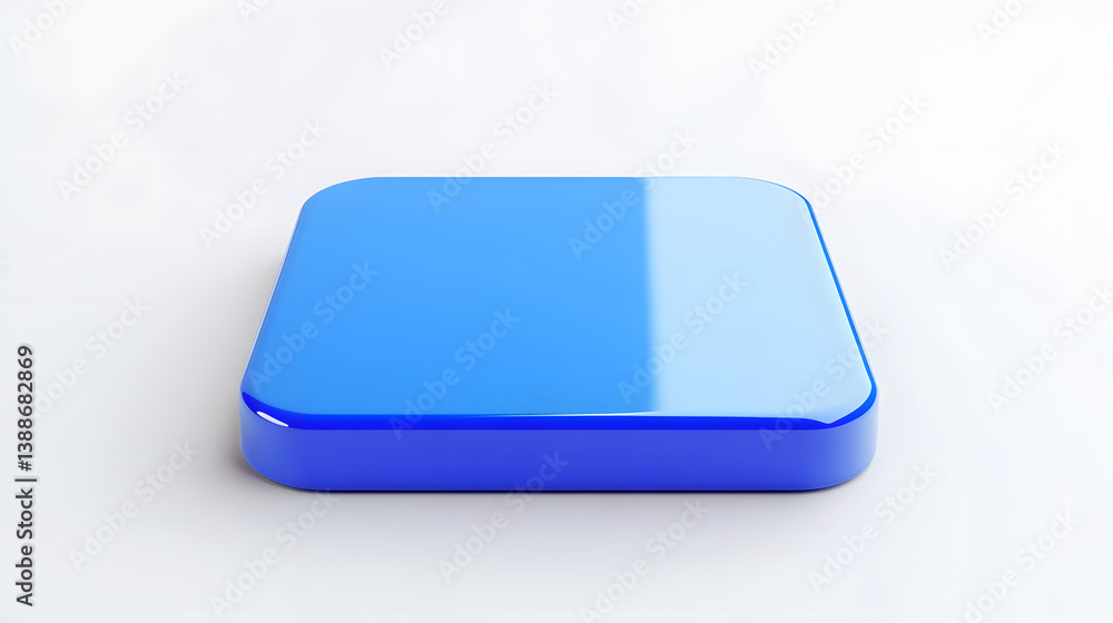Poster blank mobile application icon, button - blue square with round corners. 3d rendering, white backgrou
