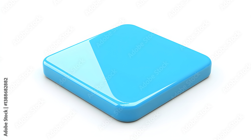 Poster blank mobile application icon, button - blue square with round corners. 3d rendering, white backgrou
