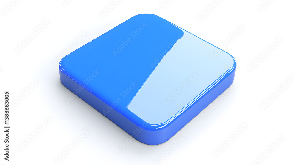 Poster blank mobile application icon, button - blue square with round corners. 3d rendering, white backgrou