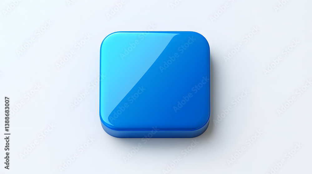 Poster blank mobile application icon, button - blue square with round corners. 3d rendering, white backgrou