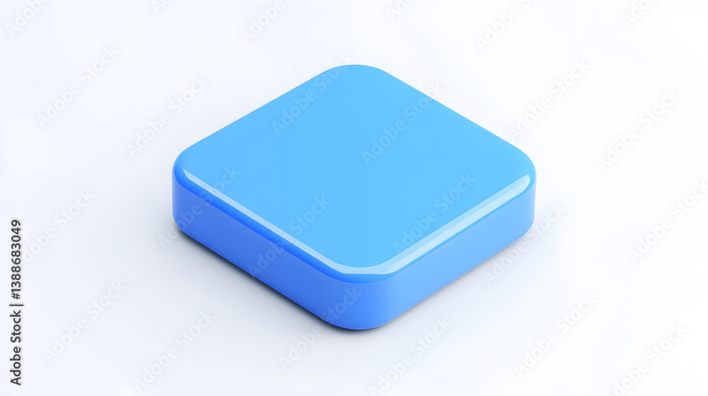 Poster blank mobile application icon, button - blue square with round corners. 3d rendering, white backgrou