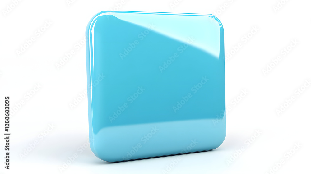 Poster blank mobile application icon, button - blue square with round corners. 3d rendering, white backgrou