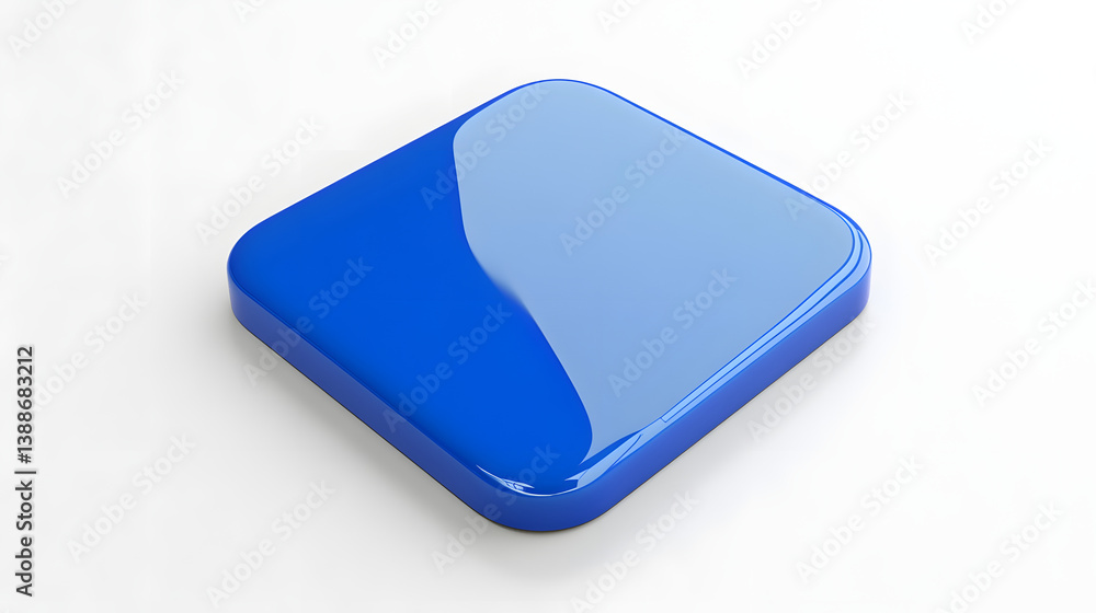 Poster blank mobile application icon, button - blue square with round corners. 3d rendering, white backgrou
