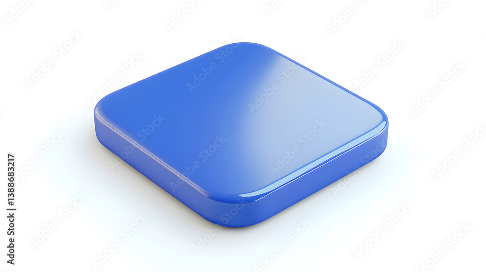 Poster blank mobile application icon, button - blue square with round corners. 3d rendering, white backgrou