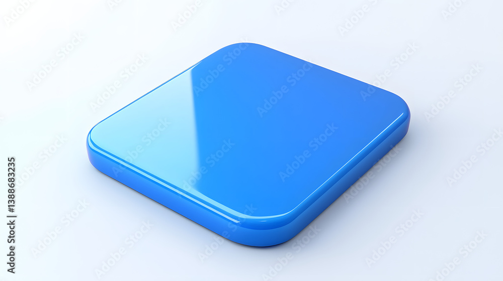Poster blank mobile application icon, button - blue square with round corners. 3d rendering, white backgrou