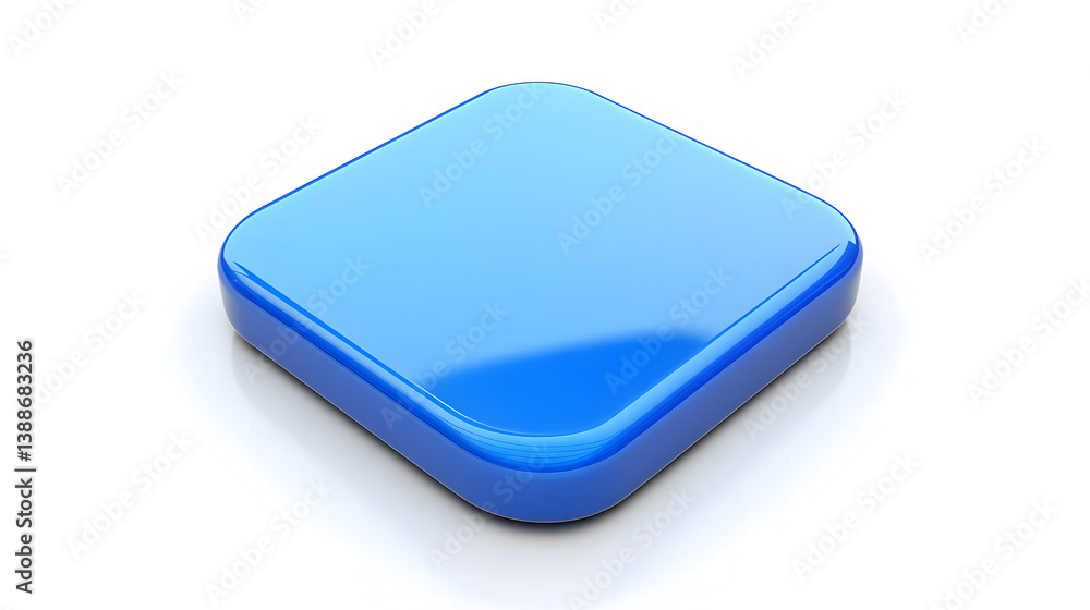 Poster blank mobile application icon, button - blue square with round corners. 3d rendering, white backgrou