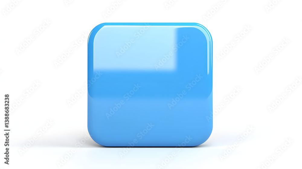Poster blank mobile application icon, button - blue square with round corners. 3d rendering, white backgrou