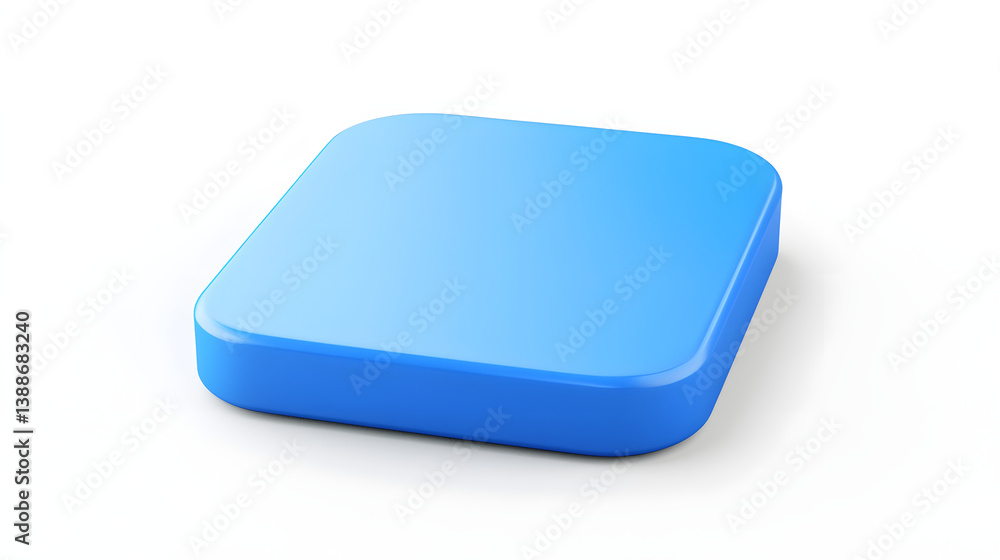 Poster blank mobile application icon, button - blue square with round corners. 3d rendering, white backgrou