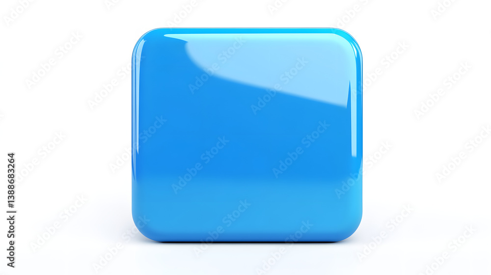 Poster blank mobile application icon, button - blue square with round corners. 3d rendering, white backgrou