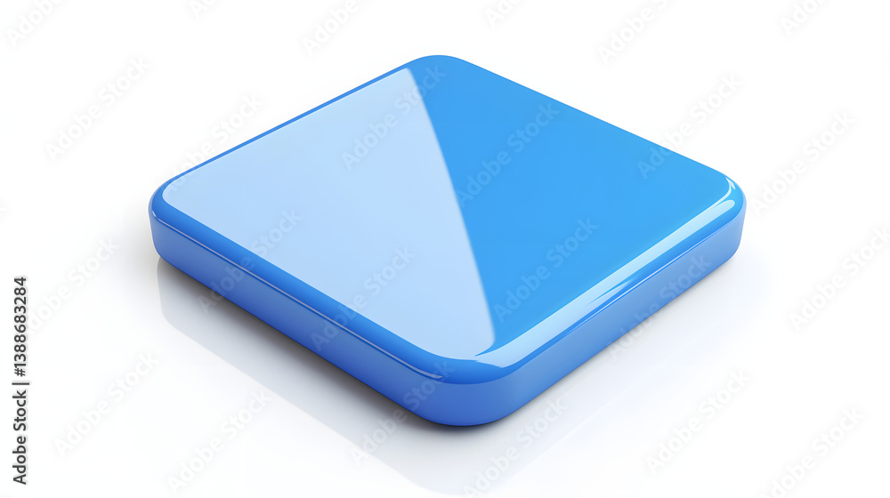 Poster blank mobile application icon, button - blue square with round corners. 3d rendering, white backgrou