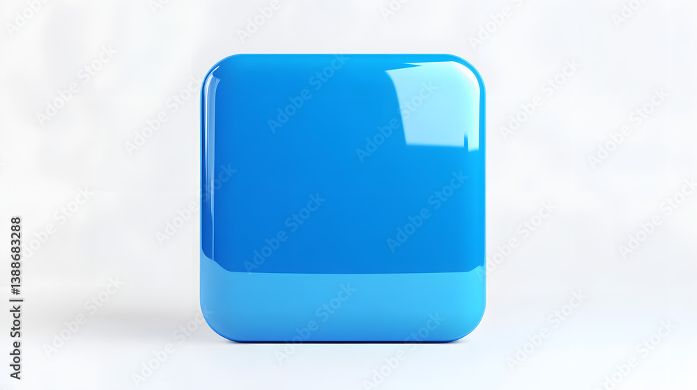 Poster blank mobile application icon, button - blue square with round corners. 3d rendering, white backgrou