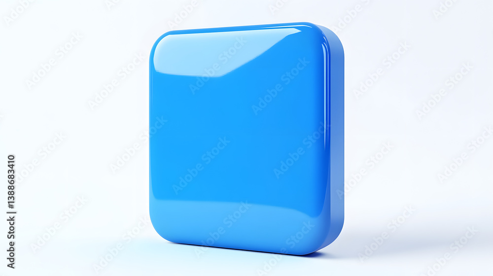 Poster blank mobile application icon, button - blue square with round corners. 3d rendering, white backgrou