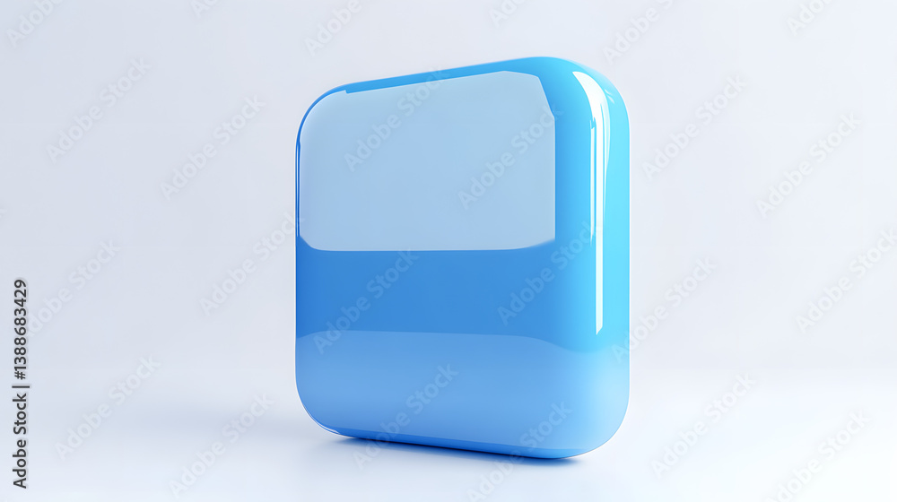 Poster blank mobile application icon, button - blue square with round corners. 3d rendering, white backgrou