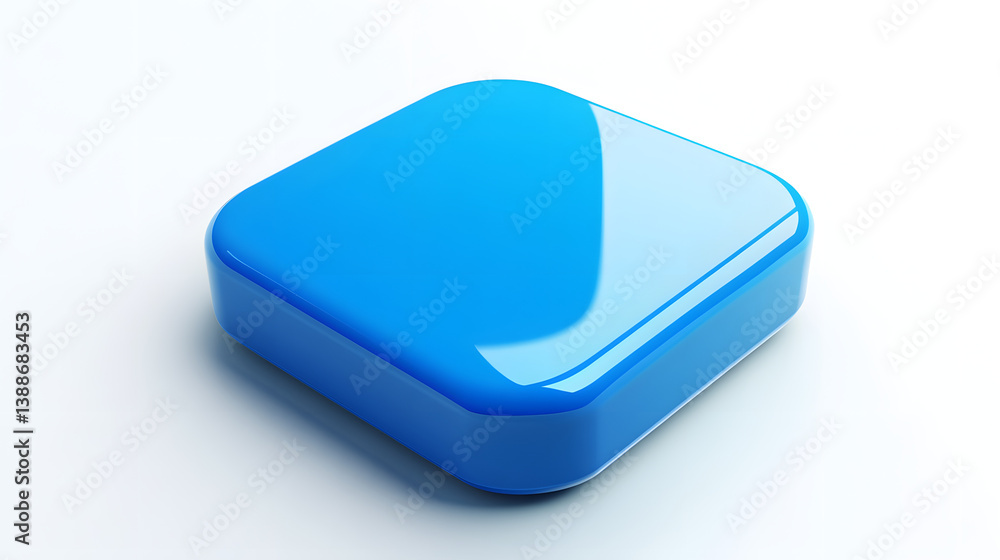 Poster blank mobile application icon, button - blue square with round corners. 3d rendering, white backgrou