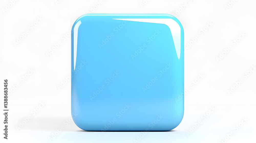 Poster blank mobile application icon, button - blue square with round corners. 3d rendering, white backgrou