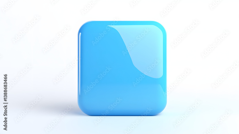 Poster blank mobile application icon, button - blue square with round corners. 3d rendering, white backgrou