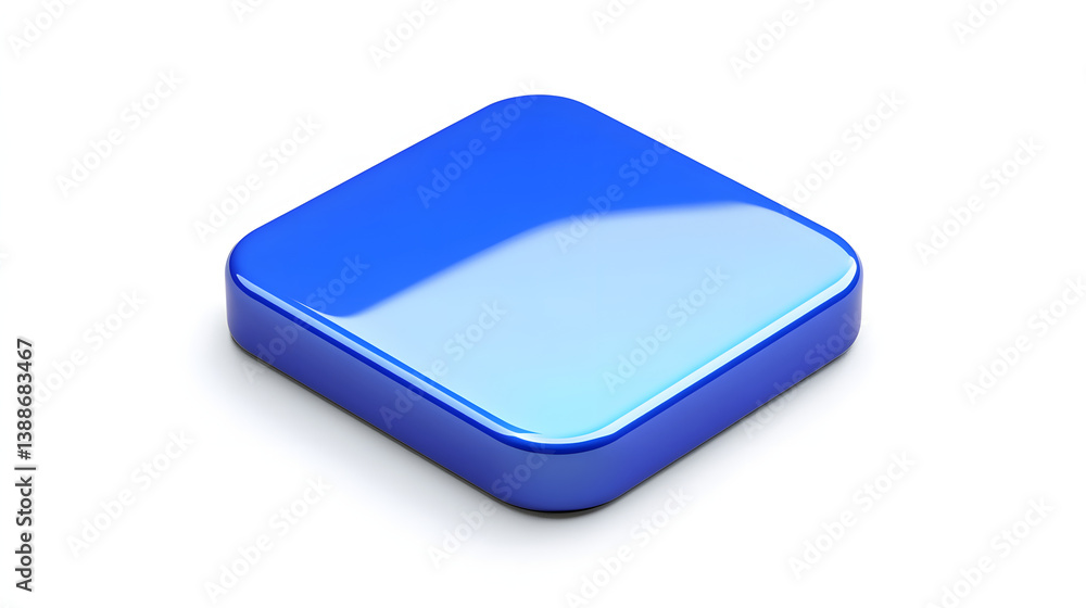Poster blank mobile application icon, button - blue square with round corners. 3d rendering, white backgrou