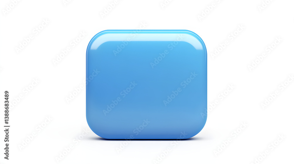 Poster blank mobile application icon, button - blue square with round corners. 3d rendering, white backgrou