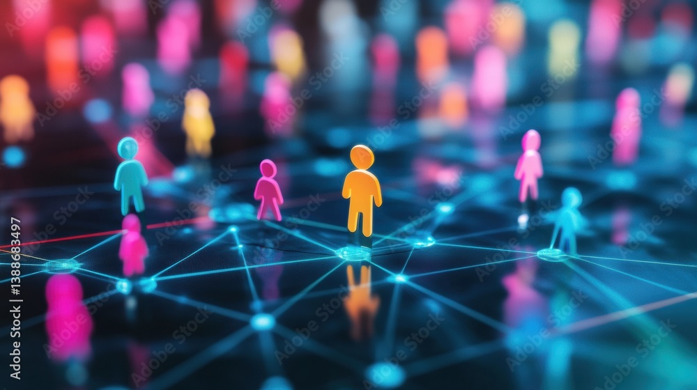 Aufkleber colorful figures represent diverse customer insights on a digital grid for personalized marketing st