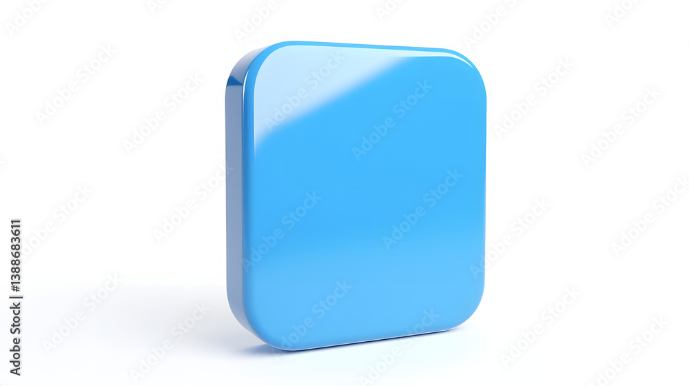 Poster blank mobile application icon, button - blue square with round corners. 3d rendering, white backgrou
