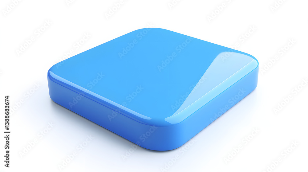 Poster blank mobile application icon, button - blue square with round corners. 3d rendering, white backgrou
