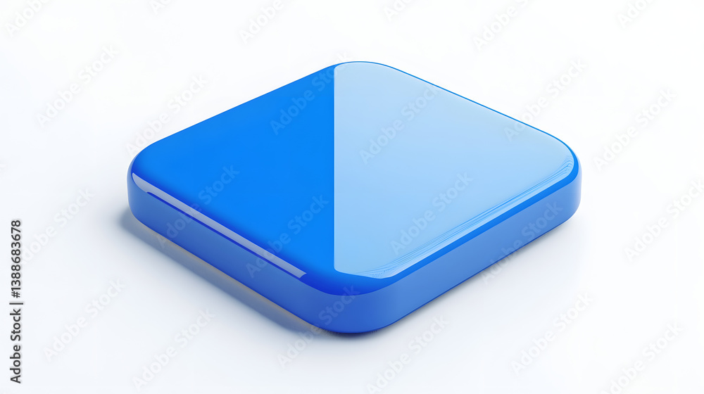 Poster blank mobile application icon, button - blue square with round corners. 3d rendering, white backgrou