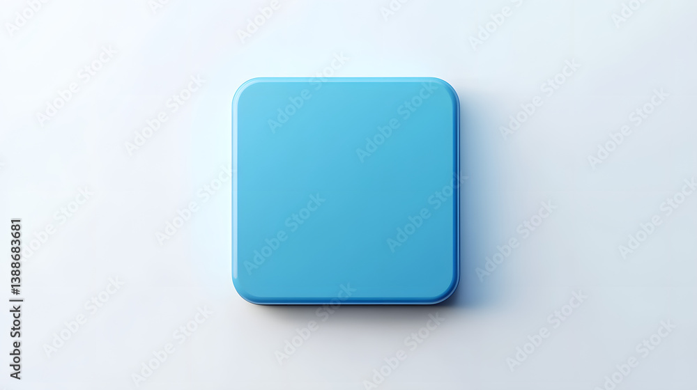 Poster blank mobile application icon, button - blue square with round corners. 3d rendering, white backgrou