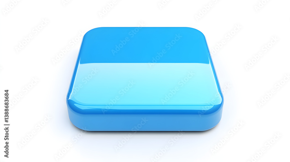 Poster blank mobile application icon, button - blue square with round corners. 3d rendering, white backgrou