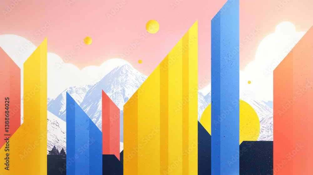 Poster abstract geometric illustration of colorful building shapes set against snowy mountains and a pastel