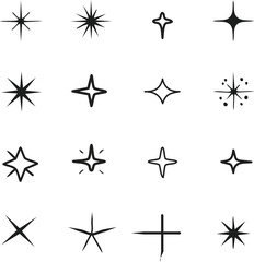 Shine or sparkle vector set of eighteen various stars in black color on white background. 
