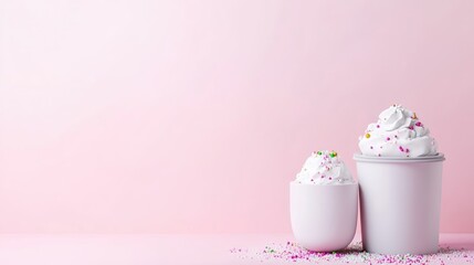 Two cups of whipped cream with sprinkles sit on a pink surface. The larger cup is taller. The image is brightly lit, high-resolution, and features a minimalist style. Pastel pink and white colors cr