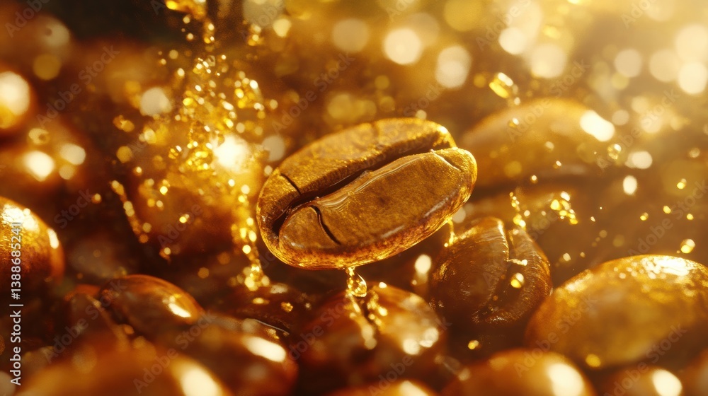 Poster Transforming coffee beans into golden drops of luxury with soft glowing light in an abstract high-end aesthetic