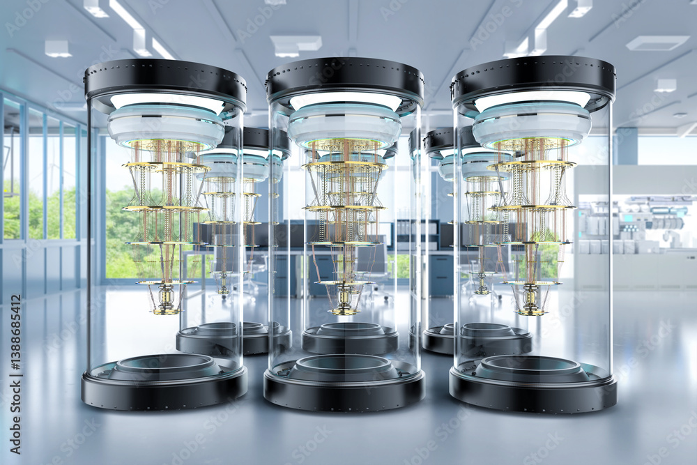 Poster quantum computer machines in shield capsules at laboratory