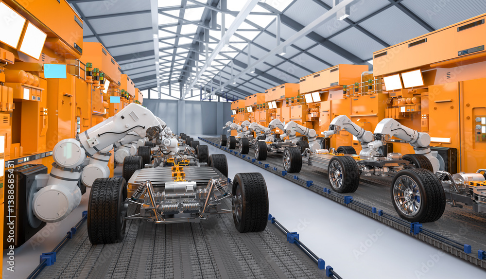 Poster automation automobile factory with robot assembly line manufacture ev car