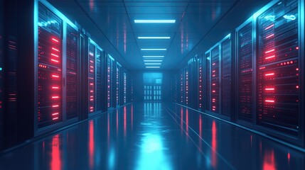 Fototapeta premium A hallway filled with data center servers in a futuristic style