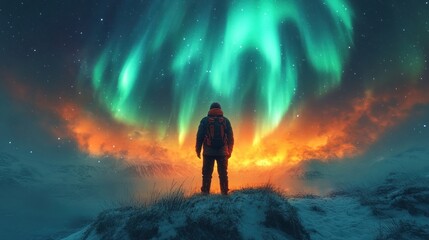 Fototapeta premium Man gazing at aurora borealis over snowy mountains
