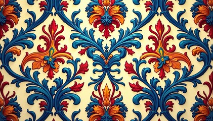 Symmetrical arabesque damask pattern with swirling lines and shapes, decor, design, graphics