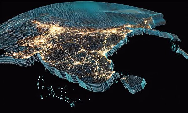 Illuminated map of India, city lights shining brightly in the darkness, a land of contrasts